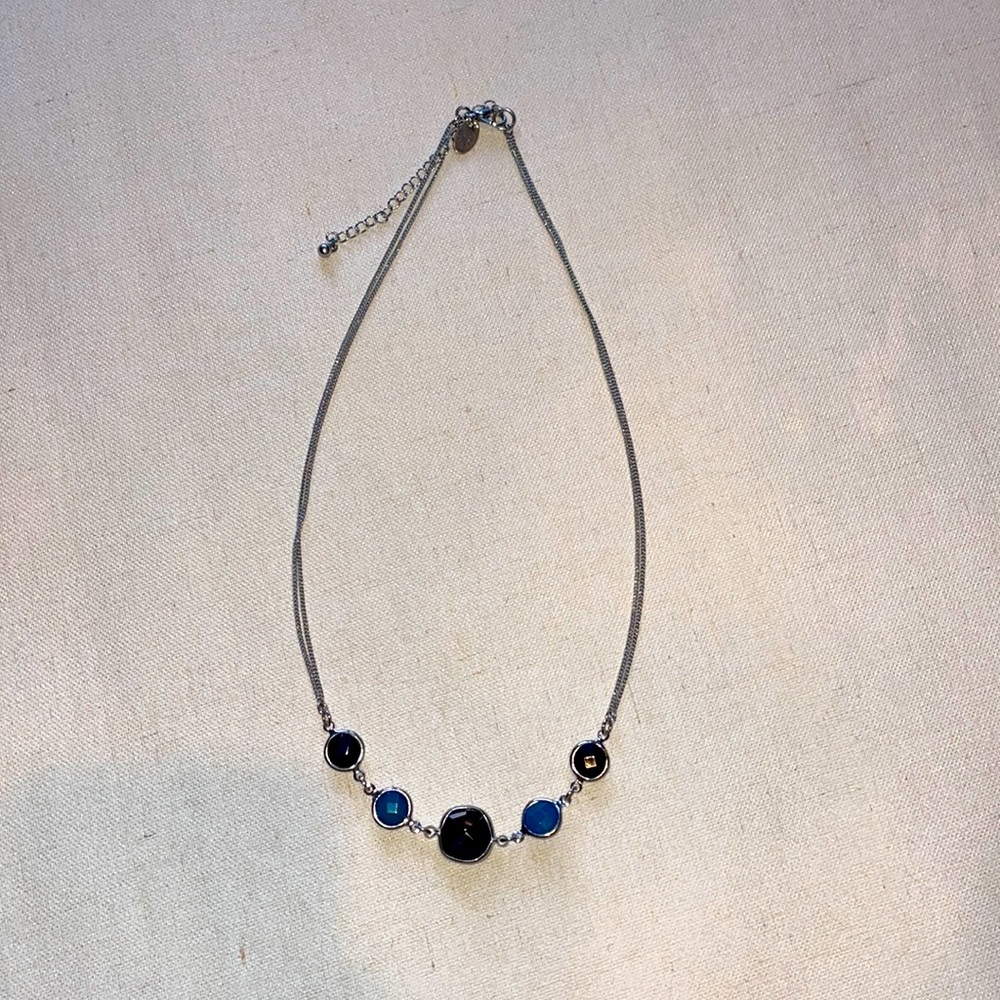 Silver necklace with blue and navy beads
